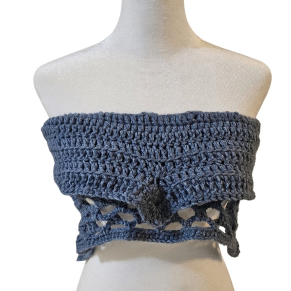 Handmade 4 ways Crochet Summer Top One-of-a-kind Blue Fishnet Bikini Crop-Top - Picture 10 of 17